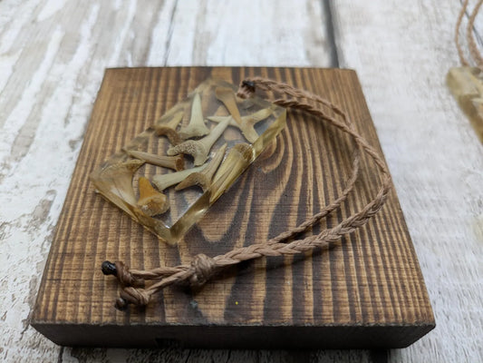 Fossilised sharks tooth in resin Christmas decoration.