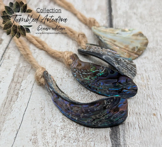 Set of Four Wild New Zealand wild Pāua Shell Ornaments – Natural Beach combed Abalone Decorations on Jute Cord for Yule for Christmas trees.