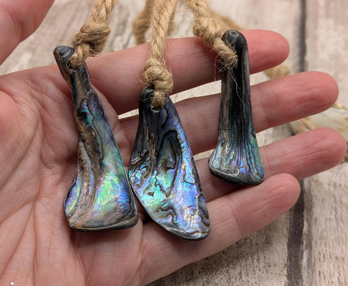 Set of Four Wild New Zealand wild Pāua Shell Ornaments – Natural Beach combed Abalone Decorations on Jute Cord for Yule for Christmas trees.