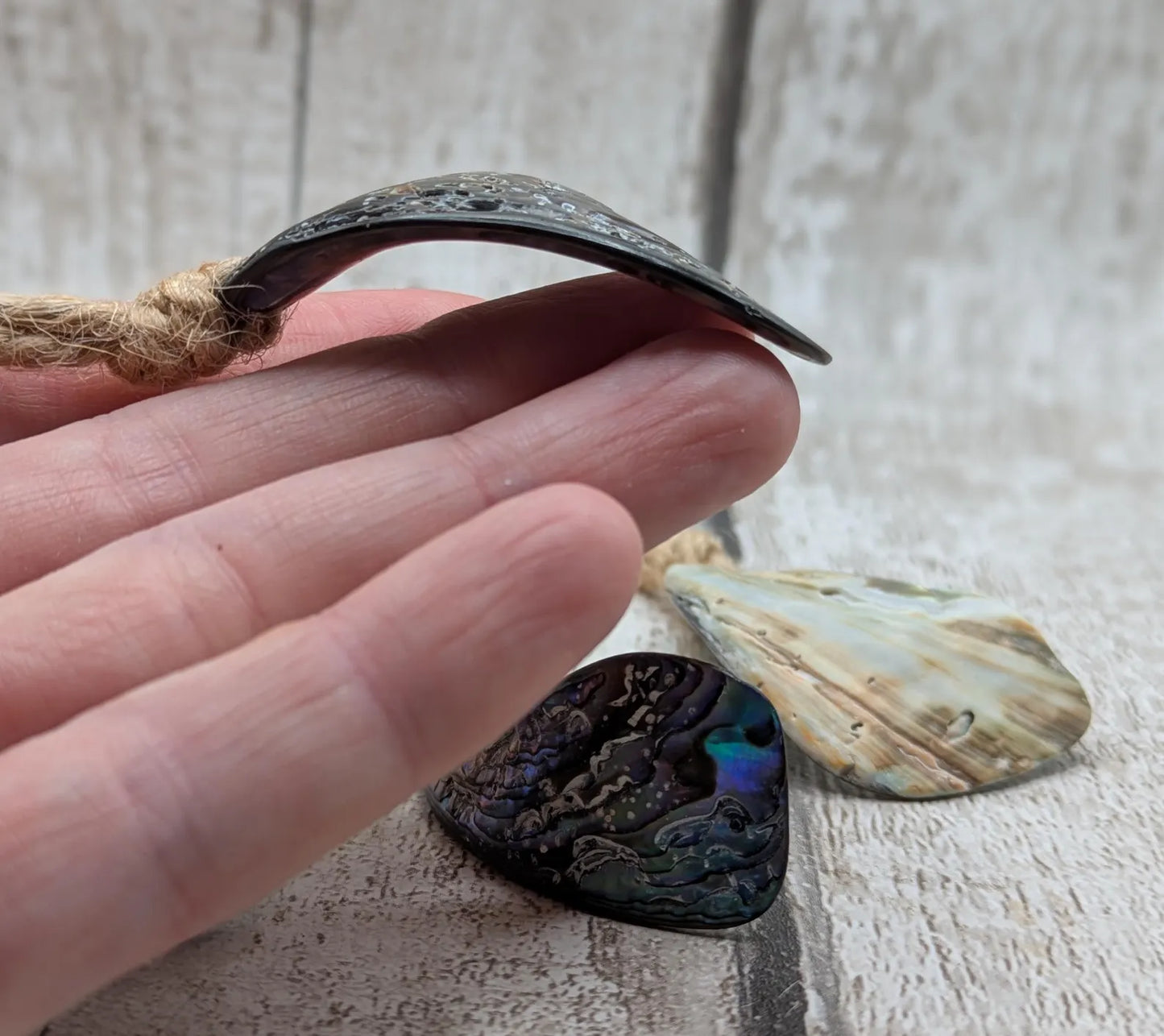 Set of Four Wild New Zealand wild Pāua Shell Ornaments – Natural Beach combed Abalone Decorations on Jute Cord for Yule for Christmas trees.