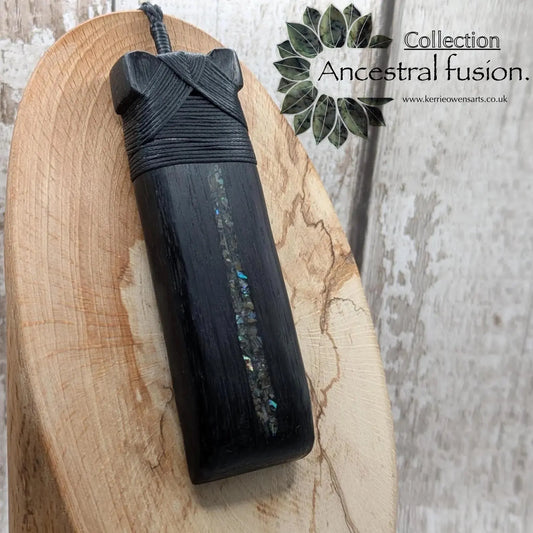 Fenland bog oak wood pendant hei toki adze with pāua shell and pounamu - Māori Inspired Adze, Ancient British Wood.