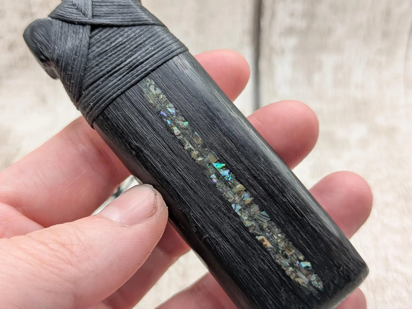 Fenland bog oak wood pendant hei toki adze with pāua shell and pounamu - Māori Inspired Adze, Ancient British Wood.