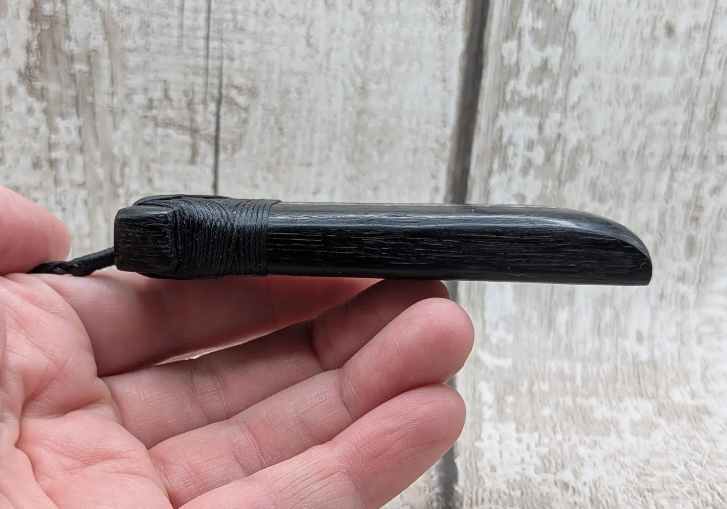 Fenland bog oak wood pendant hei toki adze with pāua shell and pounamu - Māori Inspired Adze, Ancient British Wood.