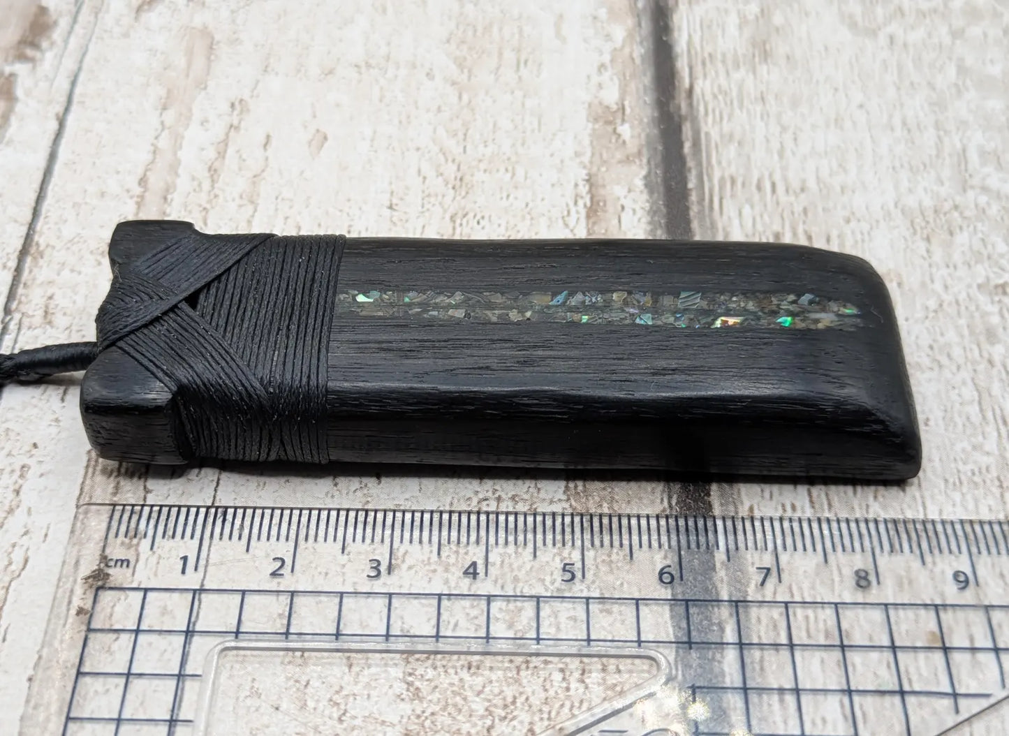 Fenland bog oak wood pendant hei toki adze with pāua shell and pounamu - Māori Inspired Adze, Ancient British Wood.