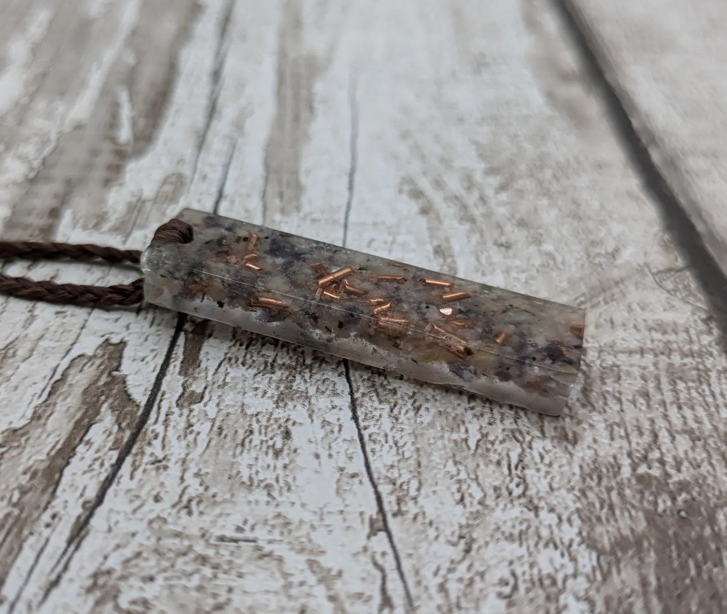 Sunstone, Iolite and copper pendant.