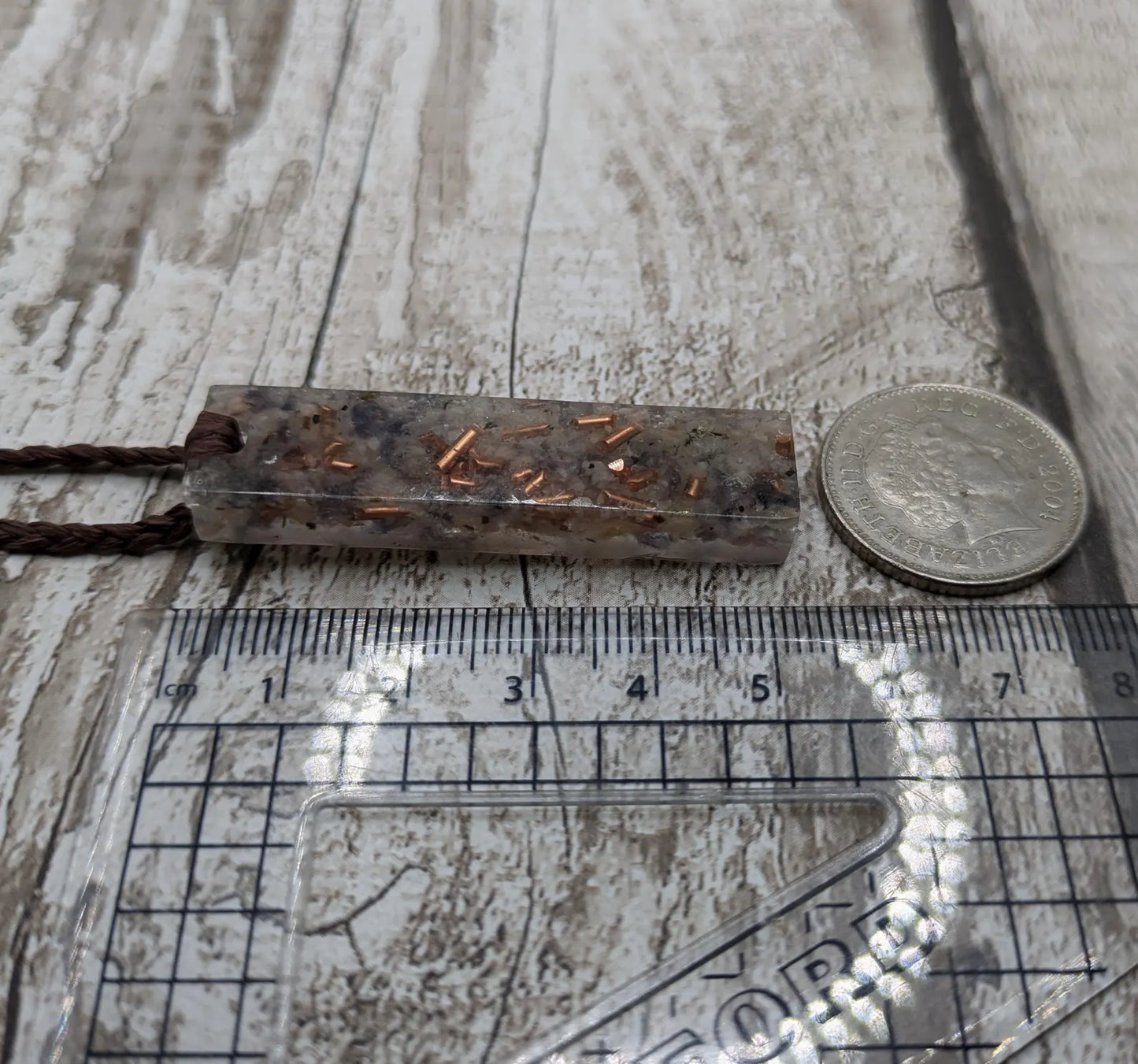 Sunstone, Iolite and copper pendant.