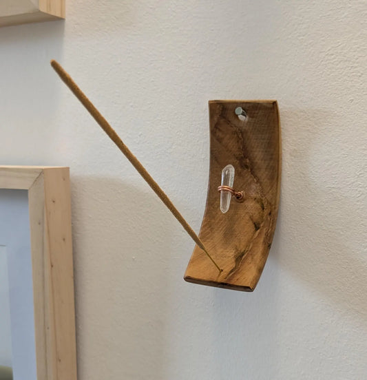 Recycled wood wall hanging incense holder with Tibetan quartz.