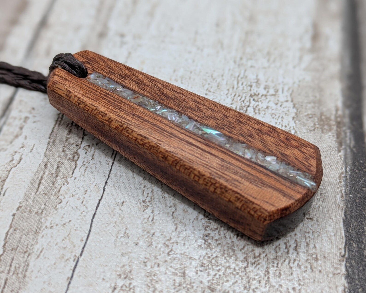 sepele mahogany wood pendant roimata teardrop pendant with white mussel shell inlay