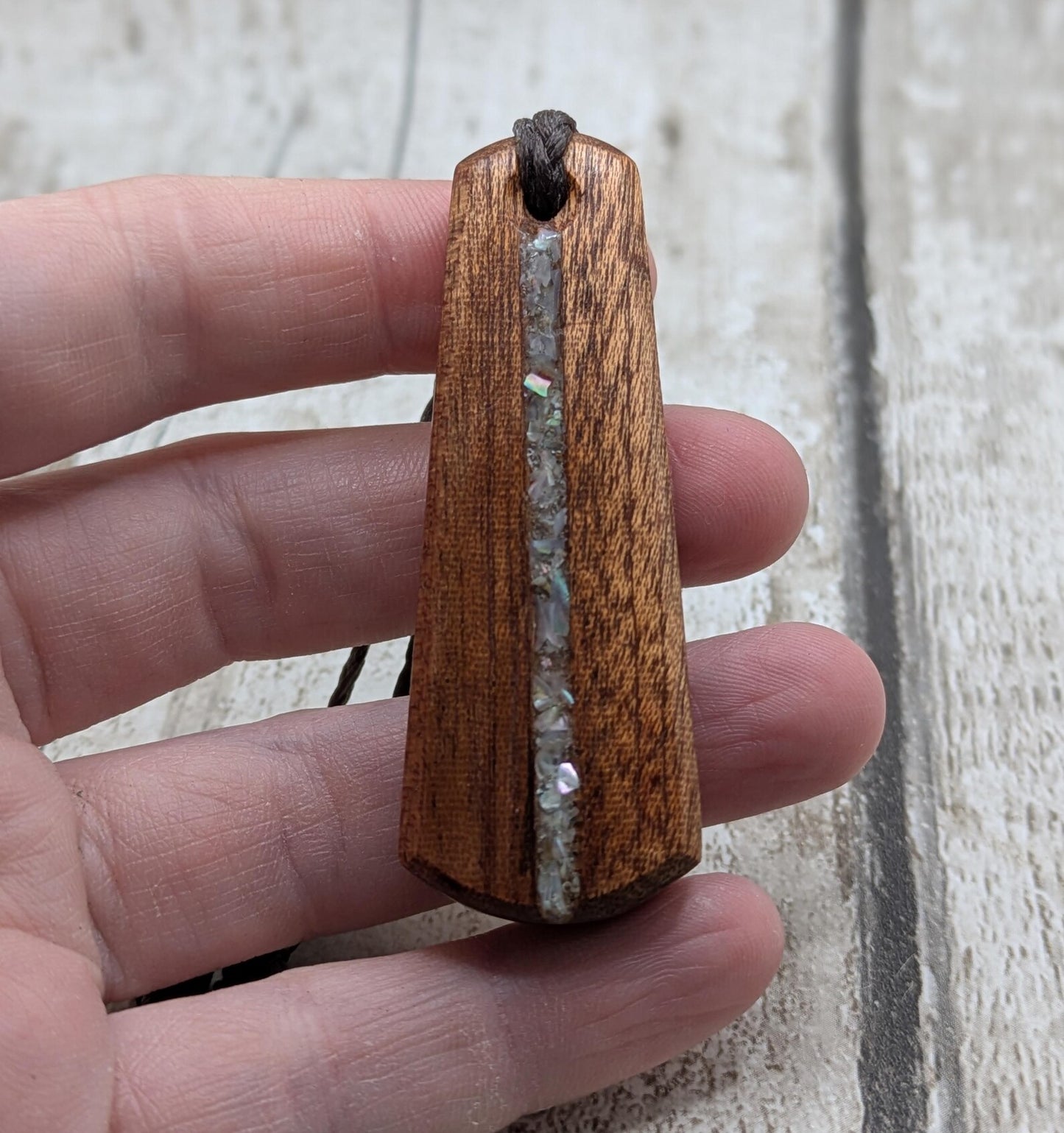 sepele mahogany wood pendant roimata teardrop pendant with white mussel shell inlay