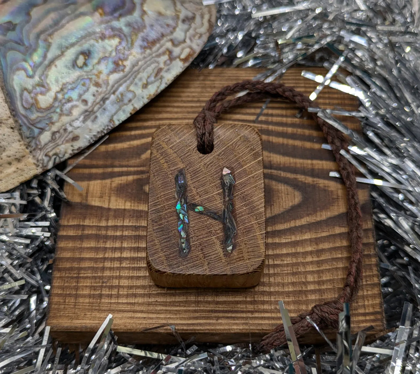 Hagalaz oak wood rune Christmas decoration with pāua shell