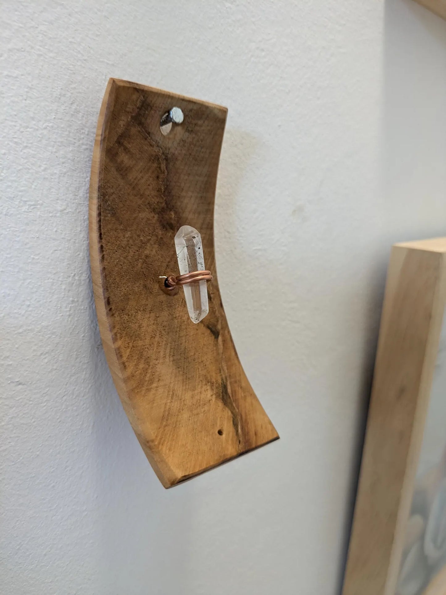 Recycled wood wall hanging incense holder with Tibetan quartz.