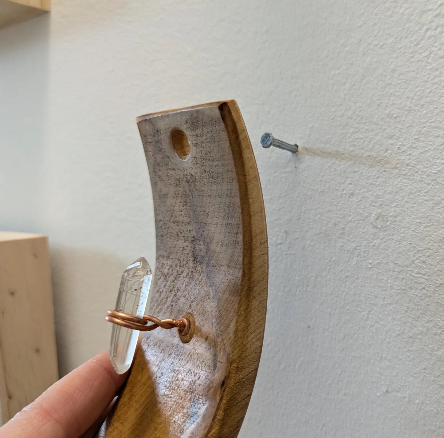 Recycled wood wall hanging incense holder with Tibetan quartz.