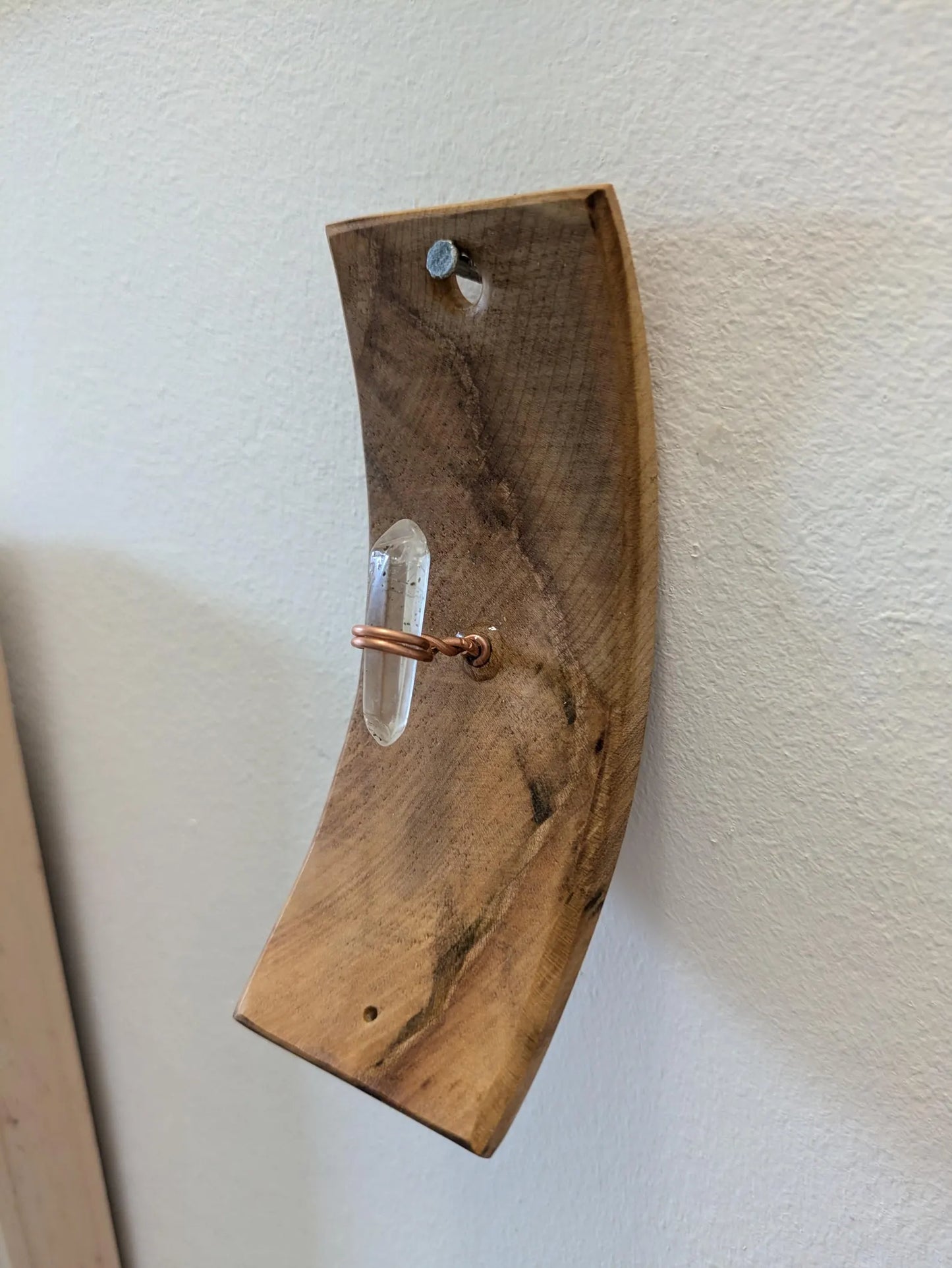 Recycled wood wall hanging incense holder with Tibetan quartz.