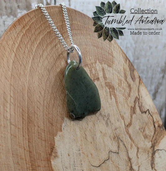 Made to order, New Zealand pounamu nephrite jade tumbled pendant on silver chain.