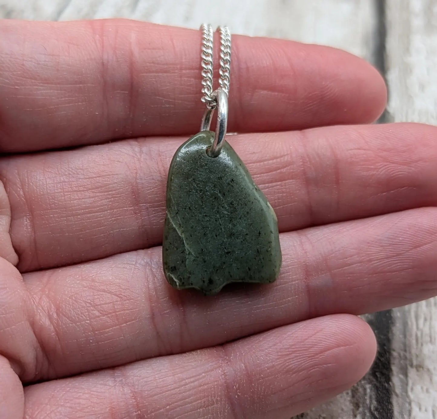 Made to order, New Zealand pounamu nephrite jade tumbled pendant on silver chain.