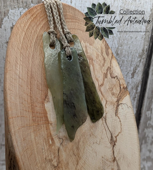 Tumble polished New Zealand Pounamu Jade Necklace – Raw Greenstone Offcut crystal Pendant on Cord, simple spiritual jewellery.