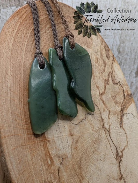 Tumble polished New Zealand Pounamu Jade Necklace – Raw Greenstone Offcut crystal Pendant on Cord, simple spiritual jewellery.