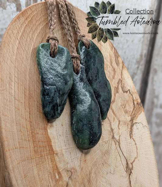 Tumble polished New Zealand Pounamu Jade Necklace – Raw Greenstone Offcut crystal Pendant on Cord, simple spiritual jewellery.