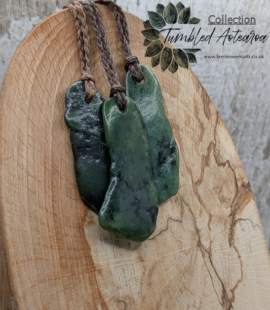 Tumble polished New Zealand Pounamu Jade Necklace – Raw Greenstone Offcut crystal Pendant on Cord, simple spiritual jewellery.