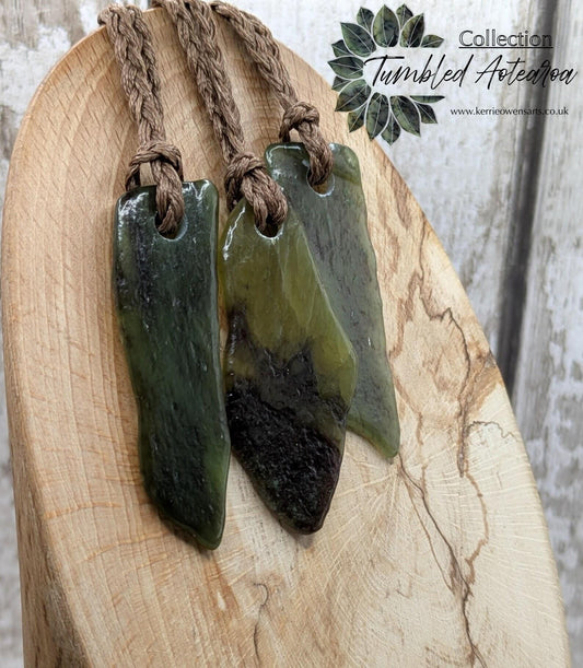 Tumble polished New Zealand Pounamu Jade Necklace – Raw Greenstone Offcut crystal Pendant on Cord, simple spiritual jewellery.
