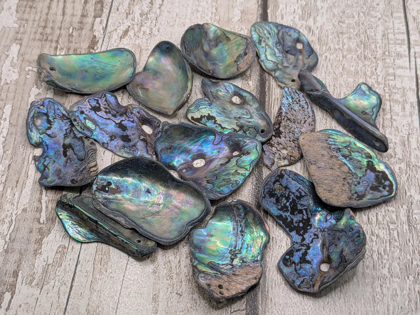 15 naturally tumbled New Zealand rainbow Pāua shell beads.
