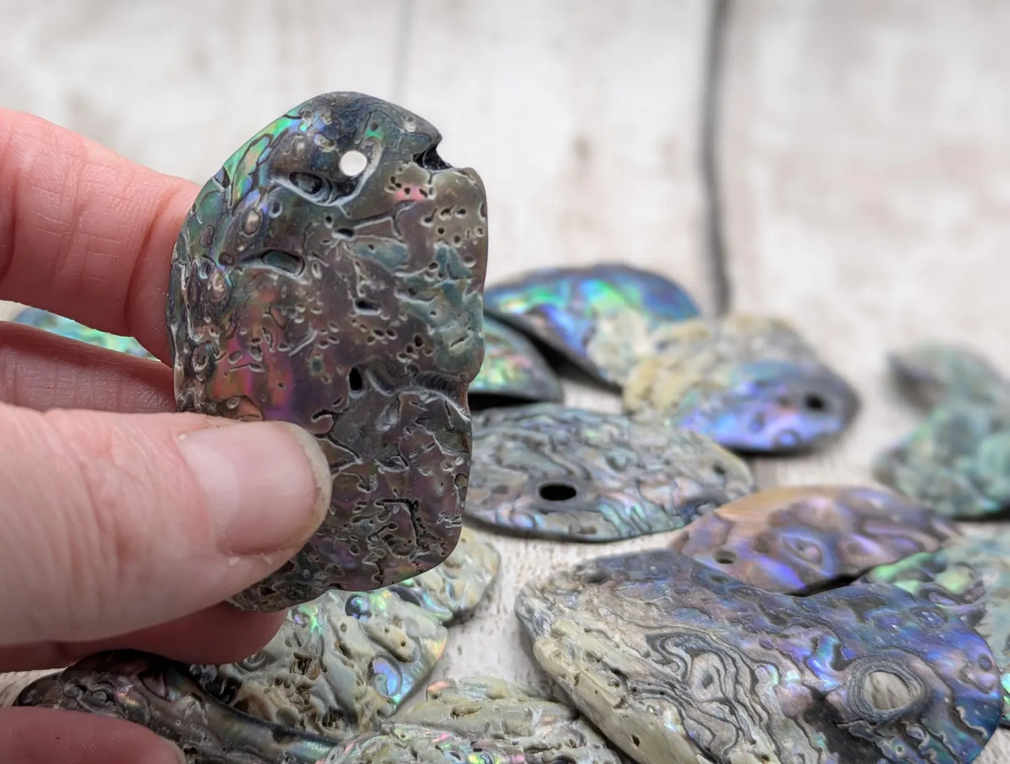 15 naturally tumbled New Zealand rainbow Pāua shell beads.