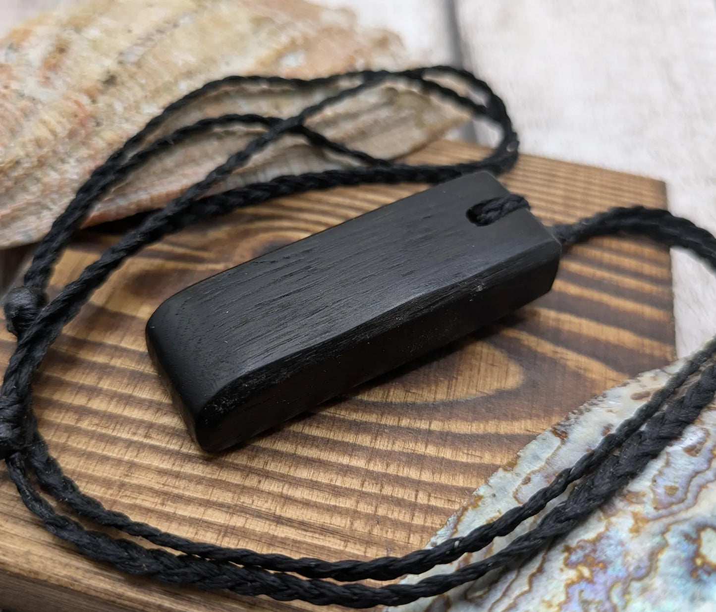 Fenland bog oak Toki adze style pendant with morganite and moldavite.