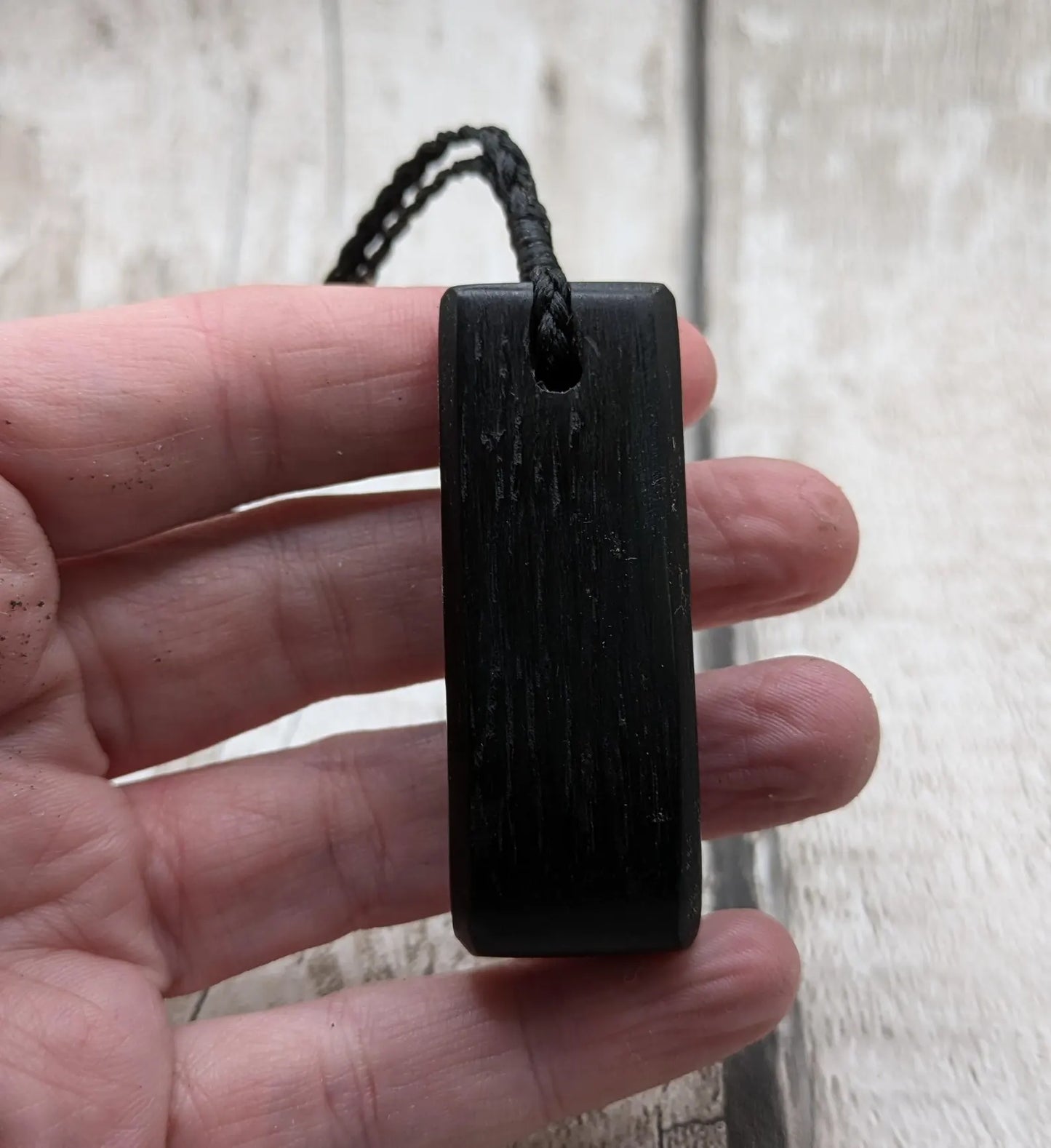Fenland bog oak Toki adze style pendant with morganite and moldavite.