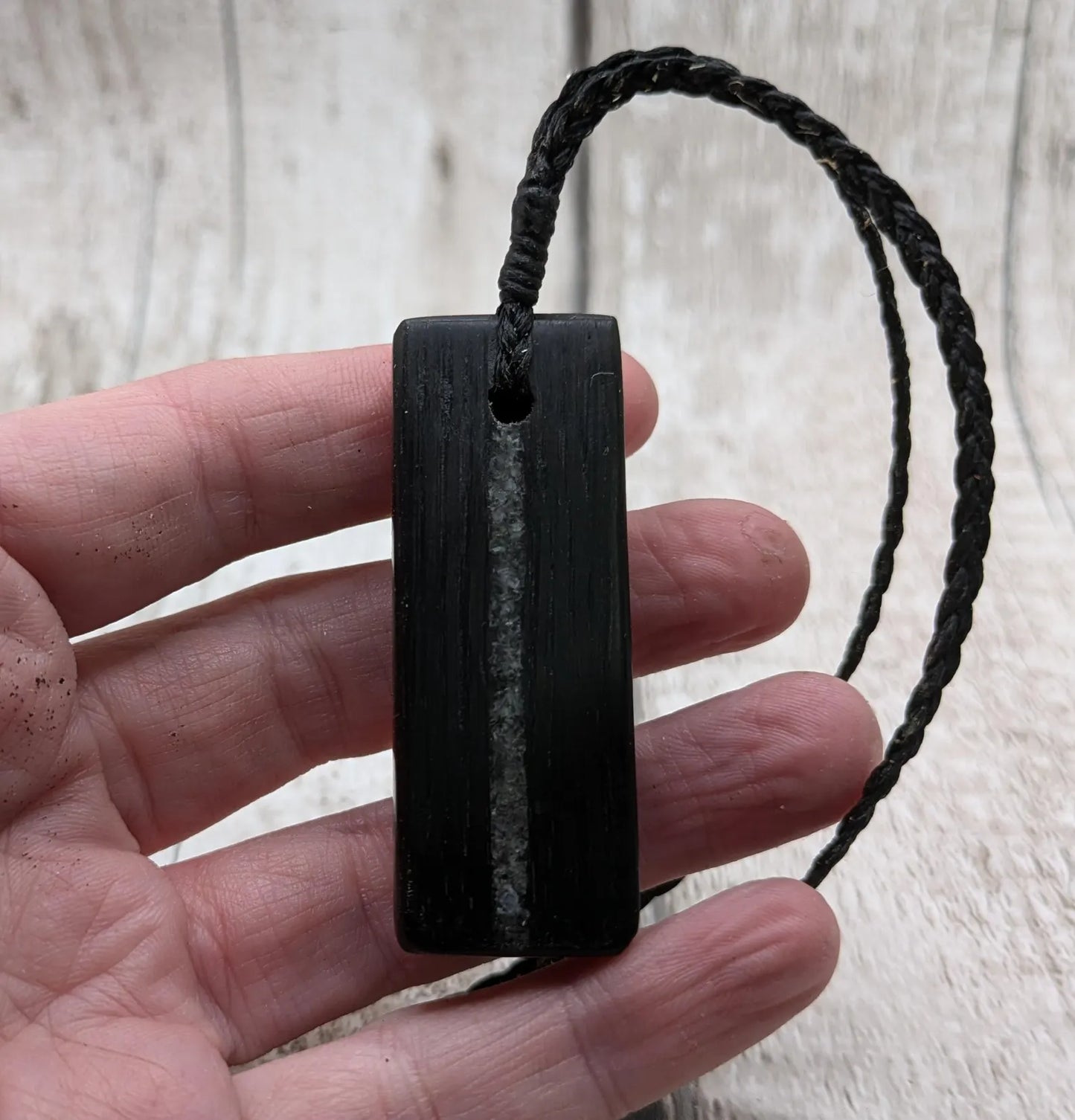 Fenland bog oak Toki adze style pendant with morganite and moldavite.