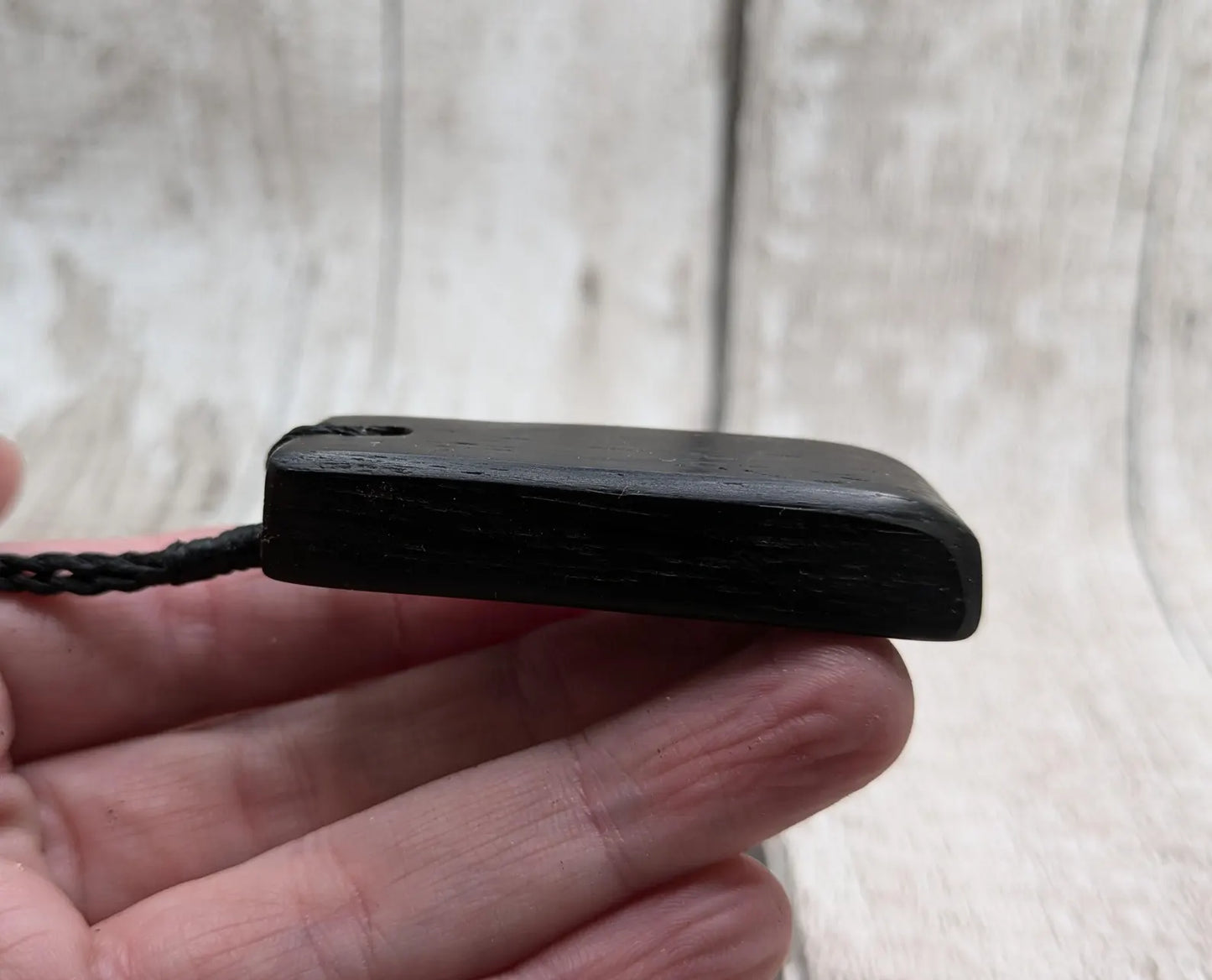 Fenland bog oak Toki adze style pendant with morganite and moldavite.