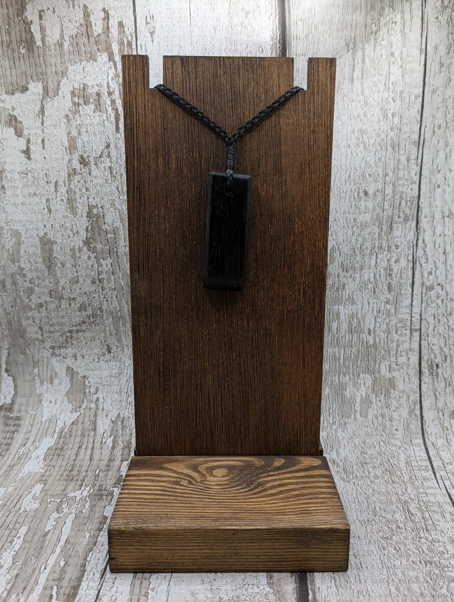 Fenland bog oak Toki adze style pendant with morganite and moldavite.
