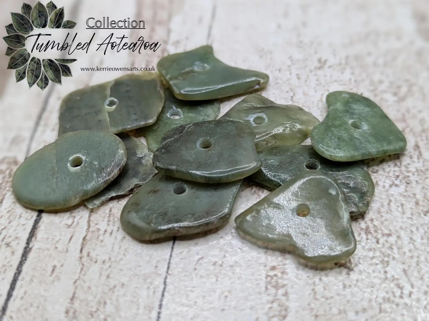 10 top drilled Pounamu greenstone jade beads.