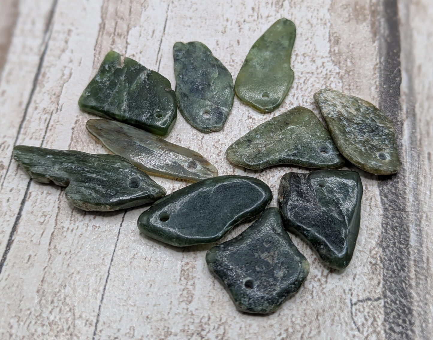 10 Top-Drilled chunky New Zealand Pounamu Beads – Tumble polished Greenstone Offcuts for Jewellery Making and craft projects.