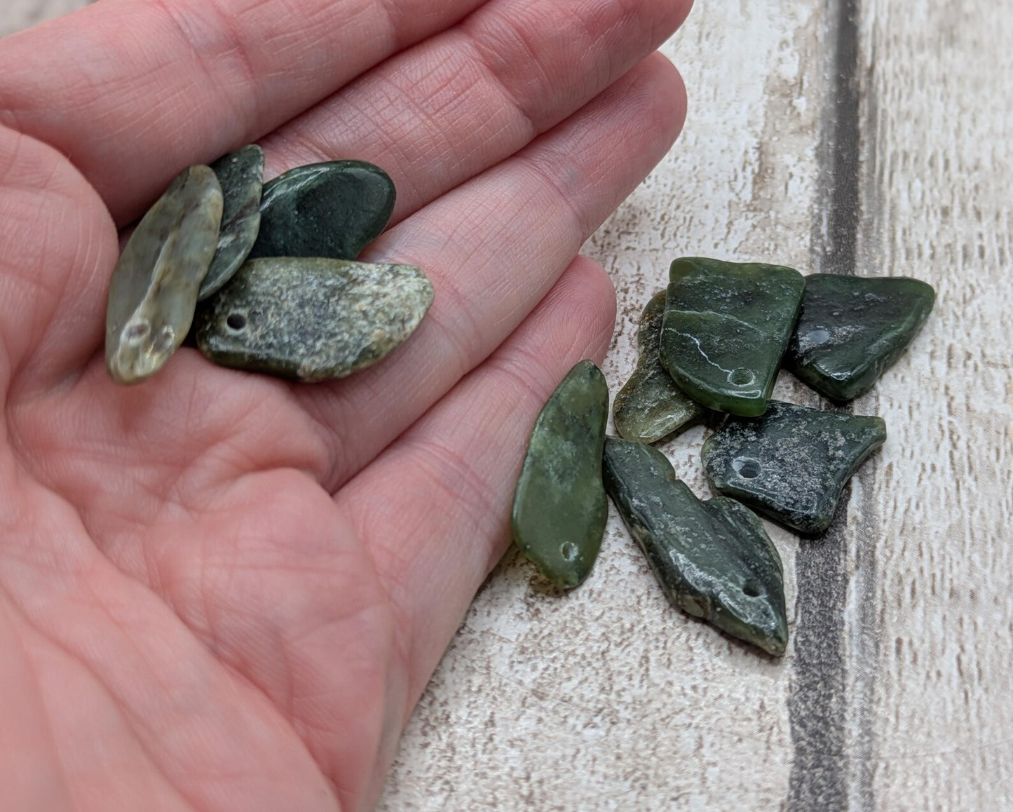 10 Top-Drilled chunky New Zealand Pounamu Beads – Tumble polished Greenstone Offcuts for Jewellery Making and craft projects.