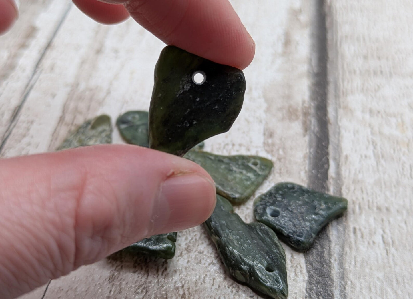 10 Top-Drilled chunky New Zealand Pounamu Beads – Tumble polished Greenstone Offcuts for Jewellery Making and craft projects.