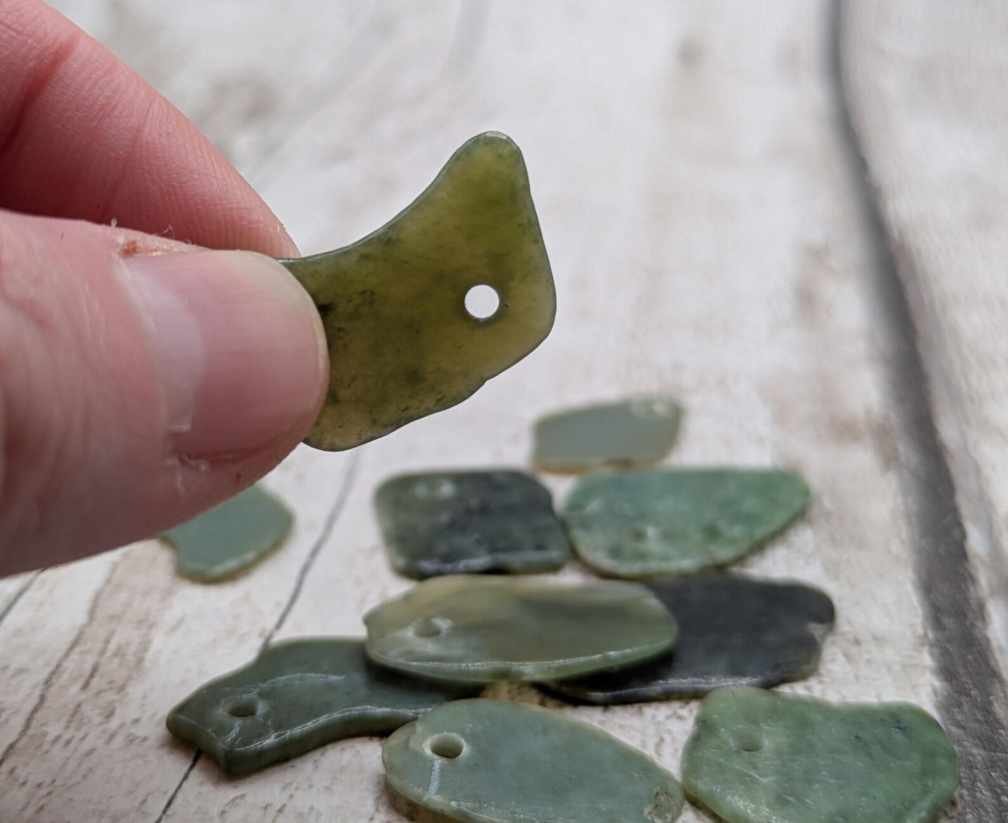 10 Pounamu greenstone jade top drilled beads.