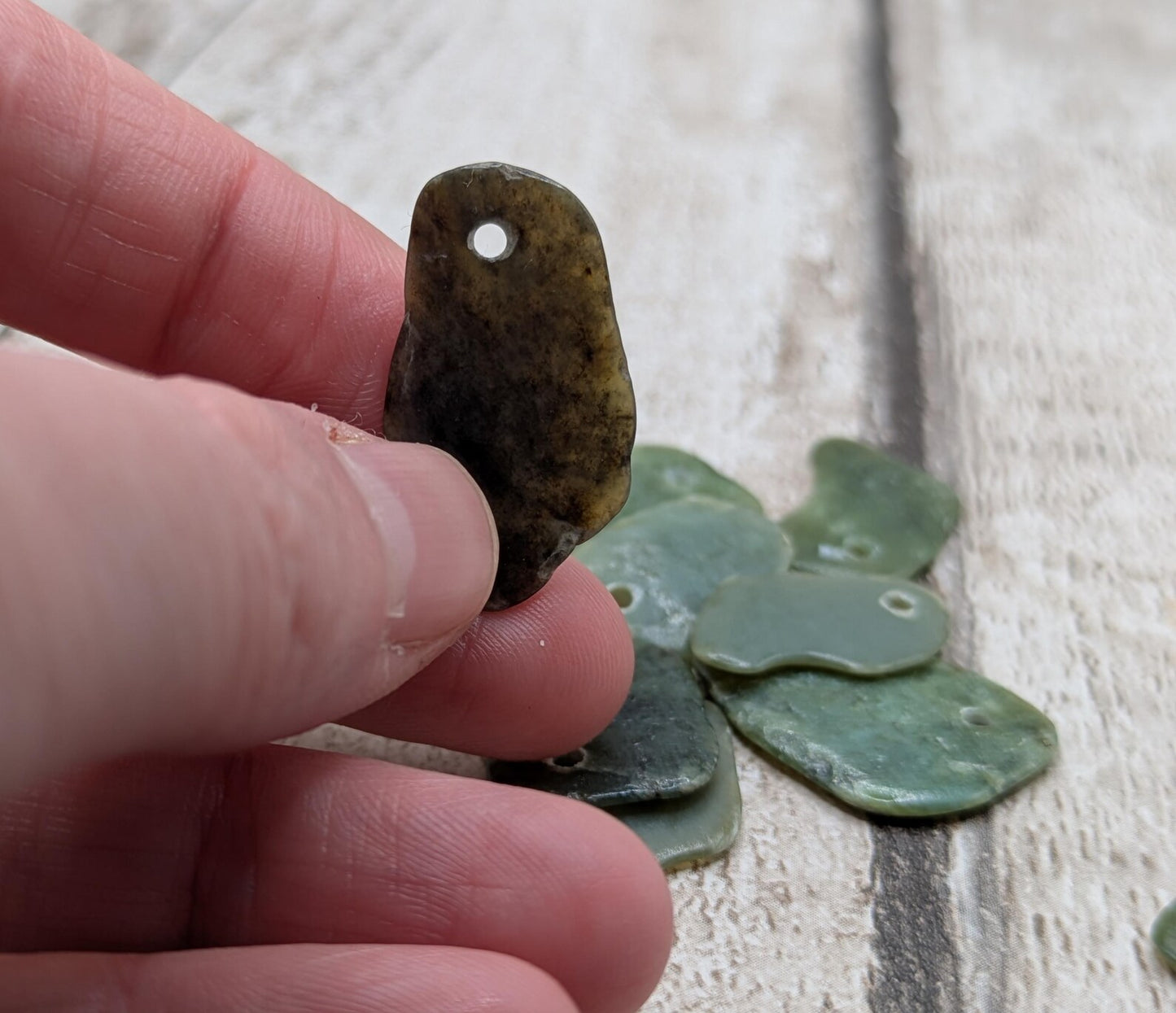 10 Pounamu greenstone jade top drilled beads.