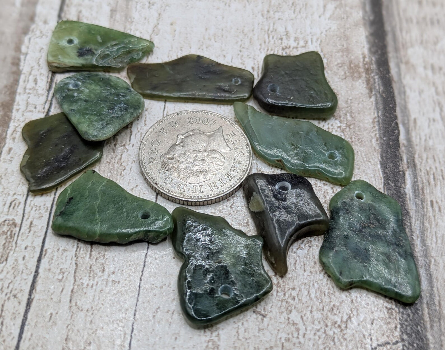 10 Top-Drilled New Zealand Pounamu Beads – Tumble polished Greenstone Offcuts for Jewellery Making and craft projects.