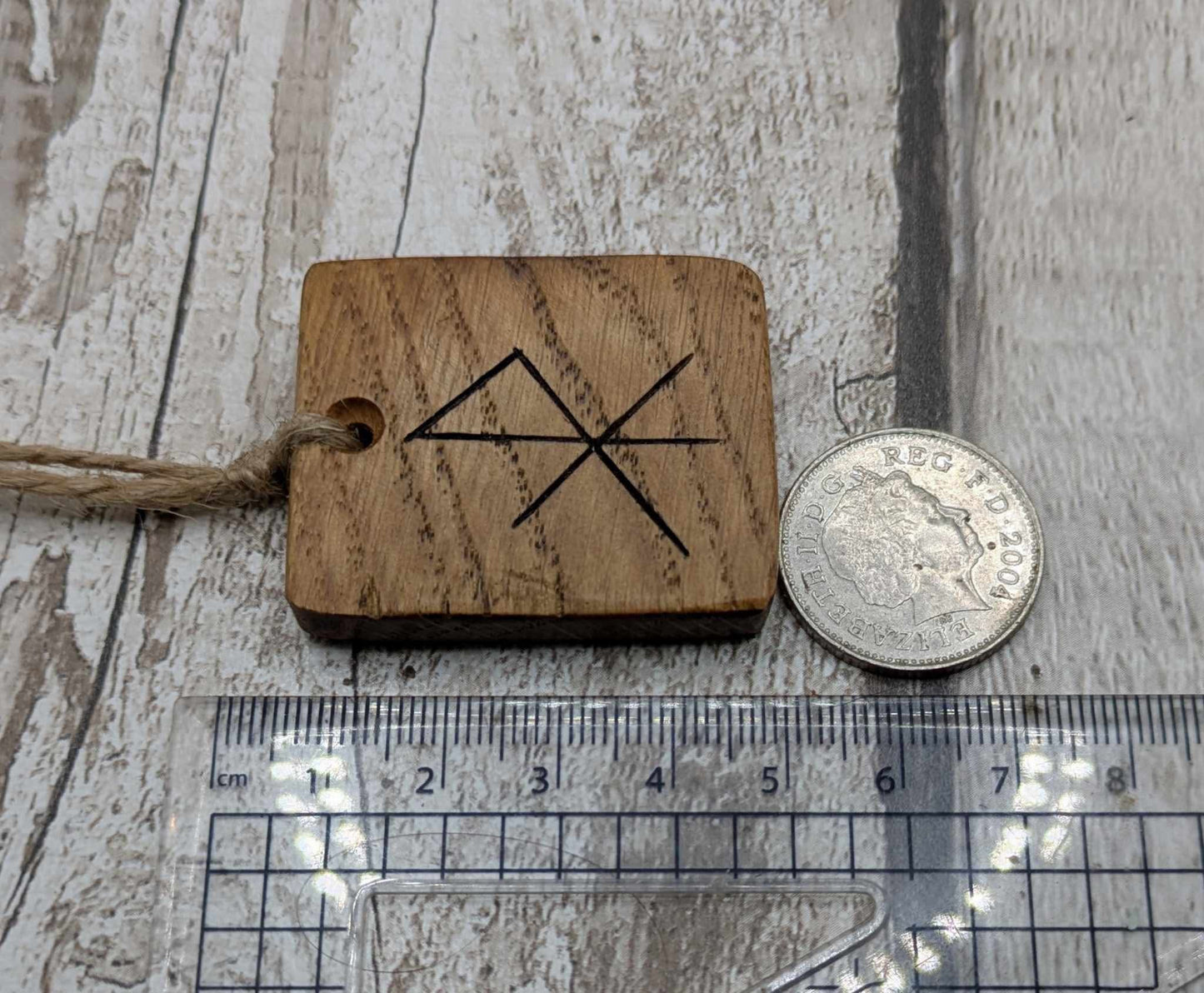 Oak wood courage bind rune hanging decoration.