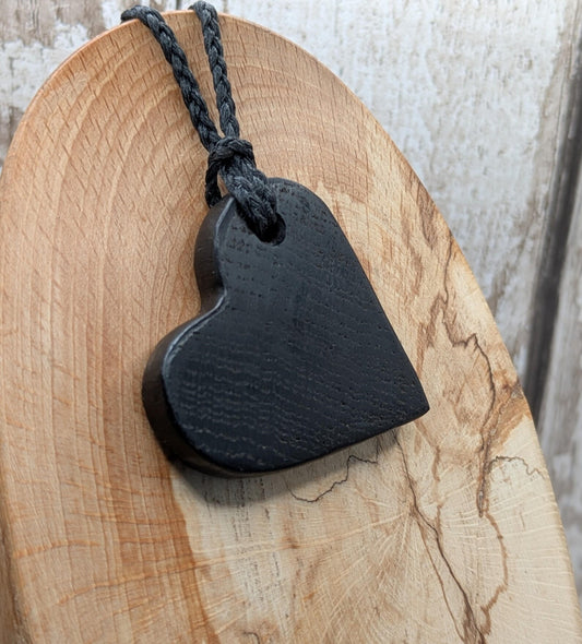 Fenland Bog Oak Heart Pendant – Ancient British Wood, Hand Carved Valentine Talisman, Reclaimed Ancestral Jewellery.