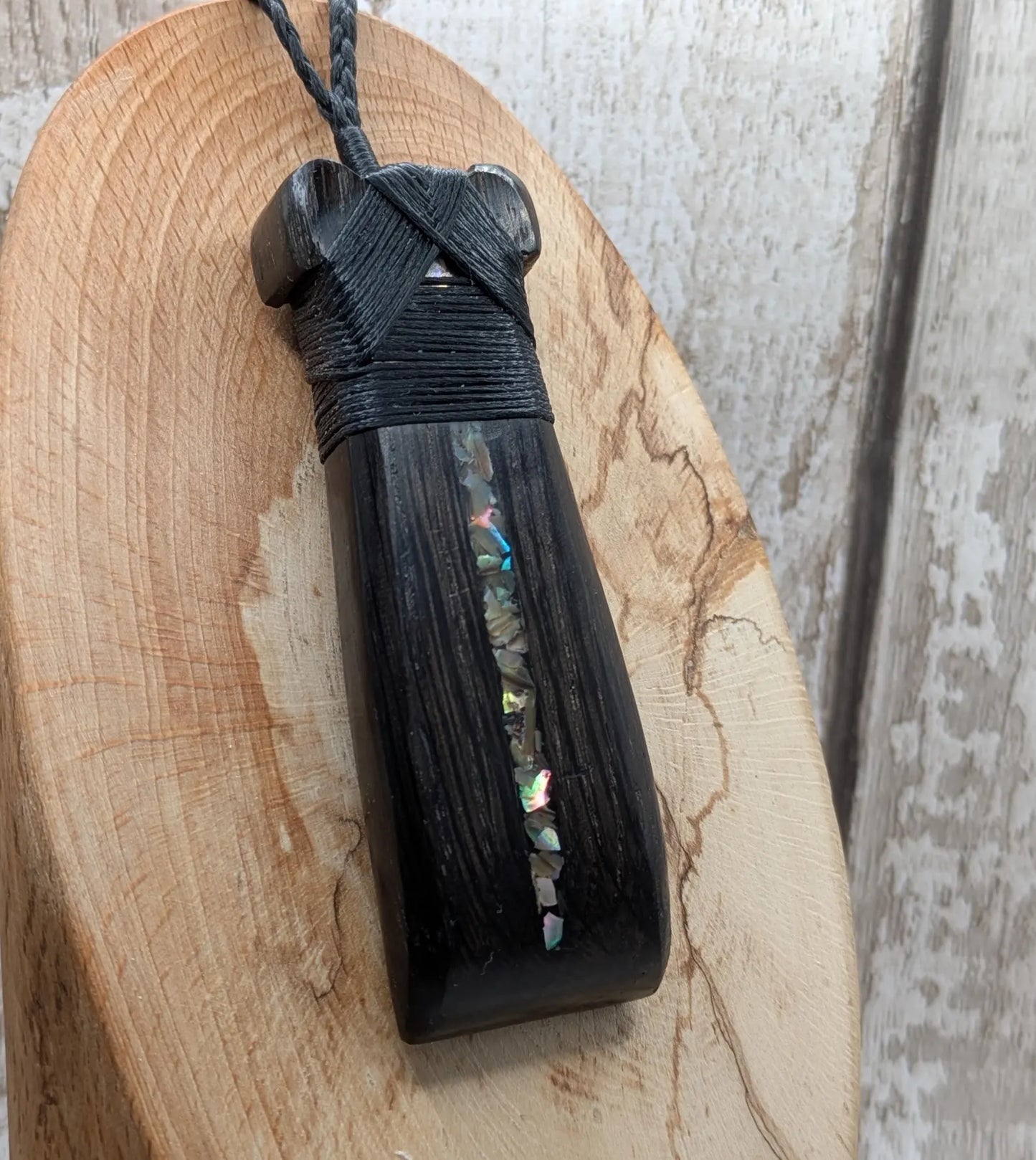 Fenland bog oak wood pendant hei toki adze with pāua shell - Māori Inspired Adze, Ancient British Wood.