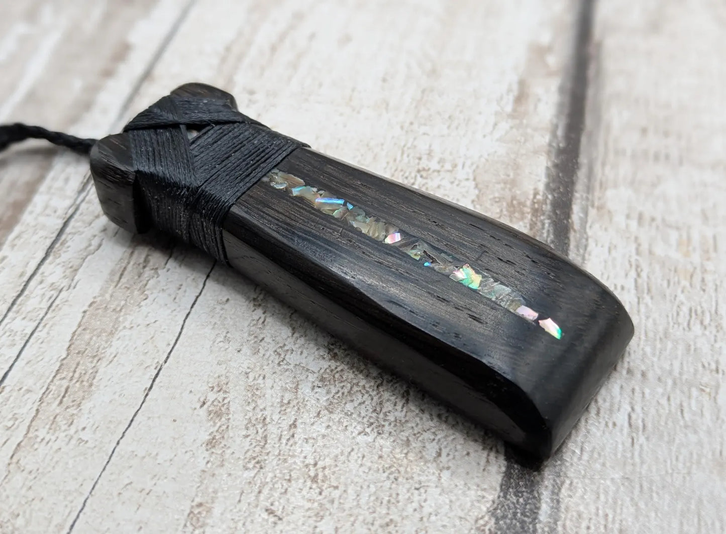 Fenland bog oak wood pendant hei toki adze with pāua shell - Māori Inspired Adze, Ancient British Wood.