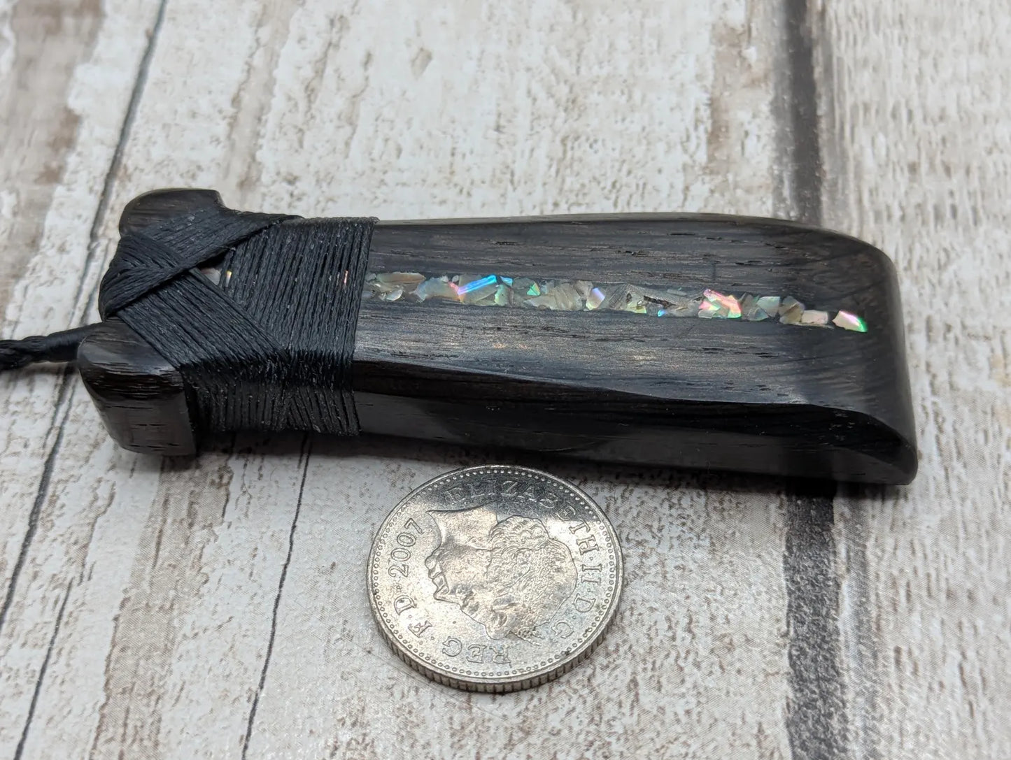Fenland bog oak wood pendant hei toki adze with pāua shell - Māori Inspired Adze, Ancient British Wood.
