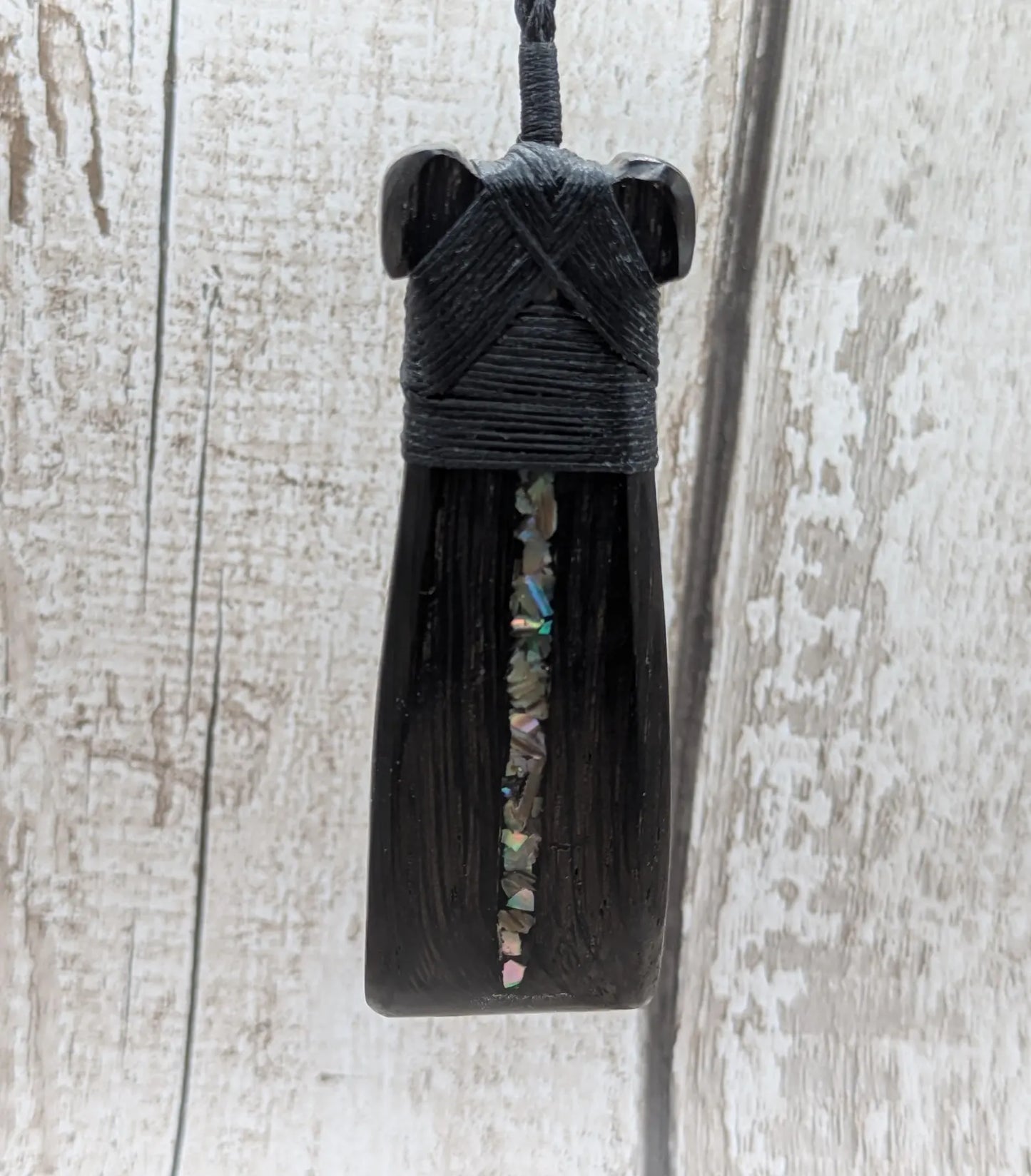 Fenland bog oak wood pendant hei toki adze with pāua shell - Māori Inspired Adze, Ancient British Wood.