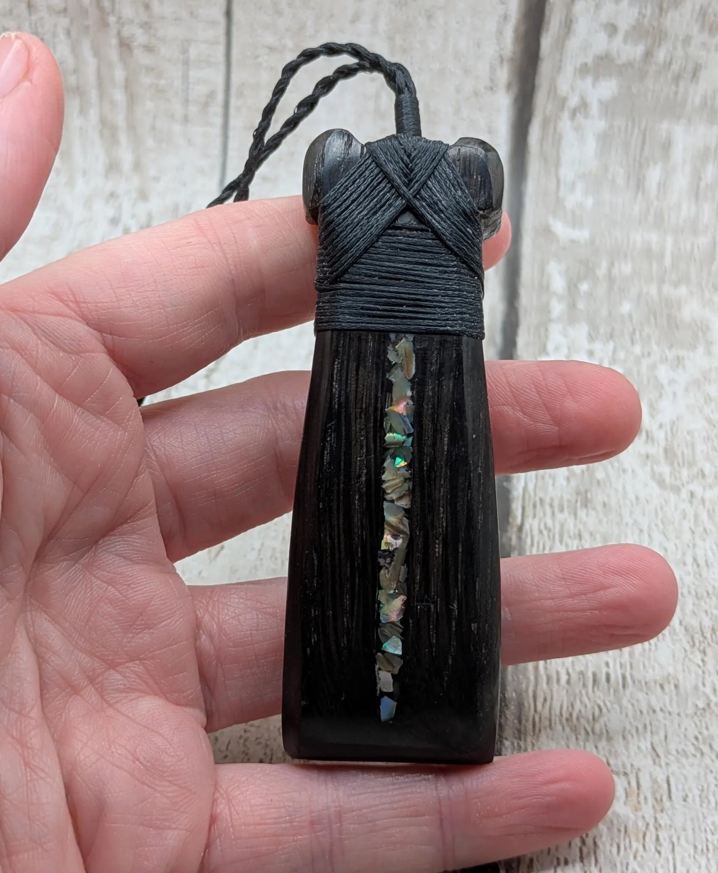 Fenland bog oak wood pendant hei toki adze with pāua shell - Māori Inspired Adze, Ancient British Wood.