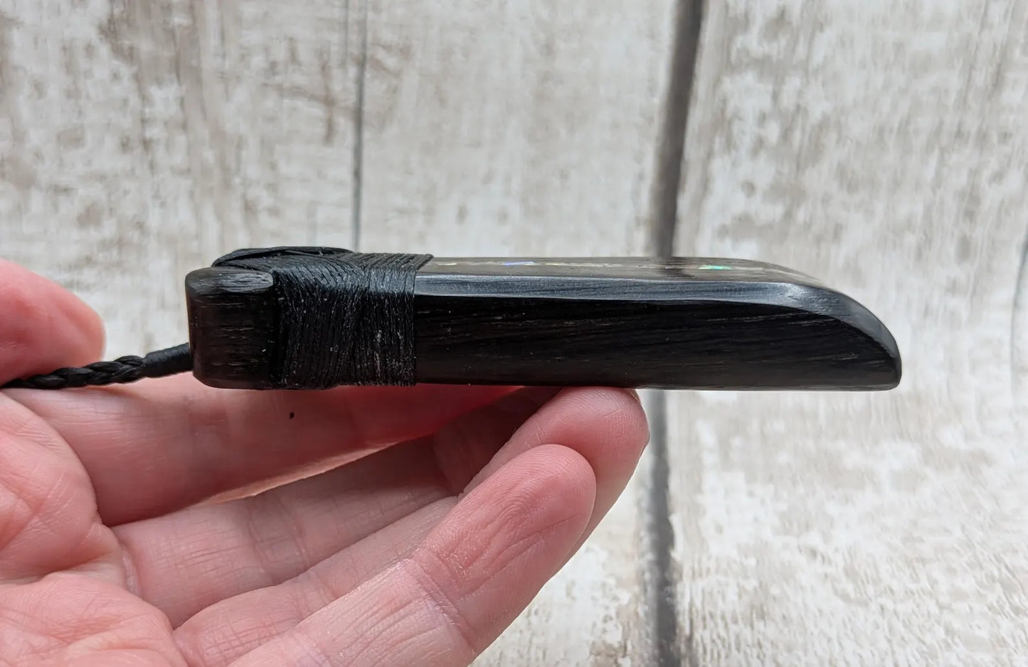 Fenland bog oak wood pendant hei toki adze with pāua shell - Māori Inspired Adze, Ancient British Wood.