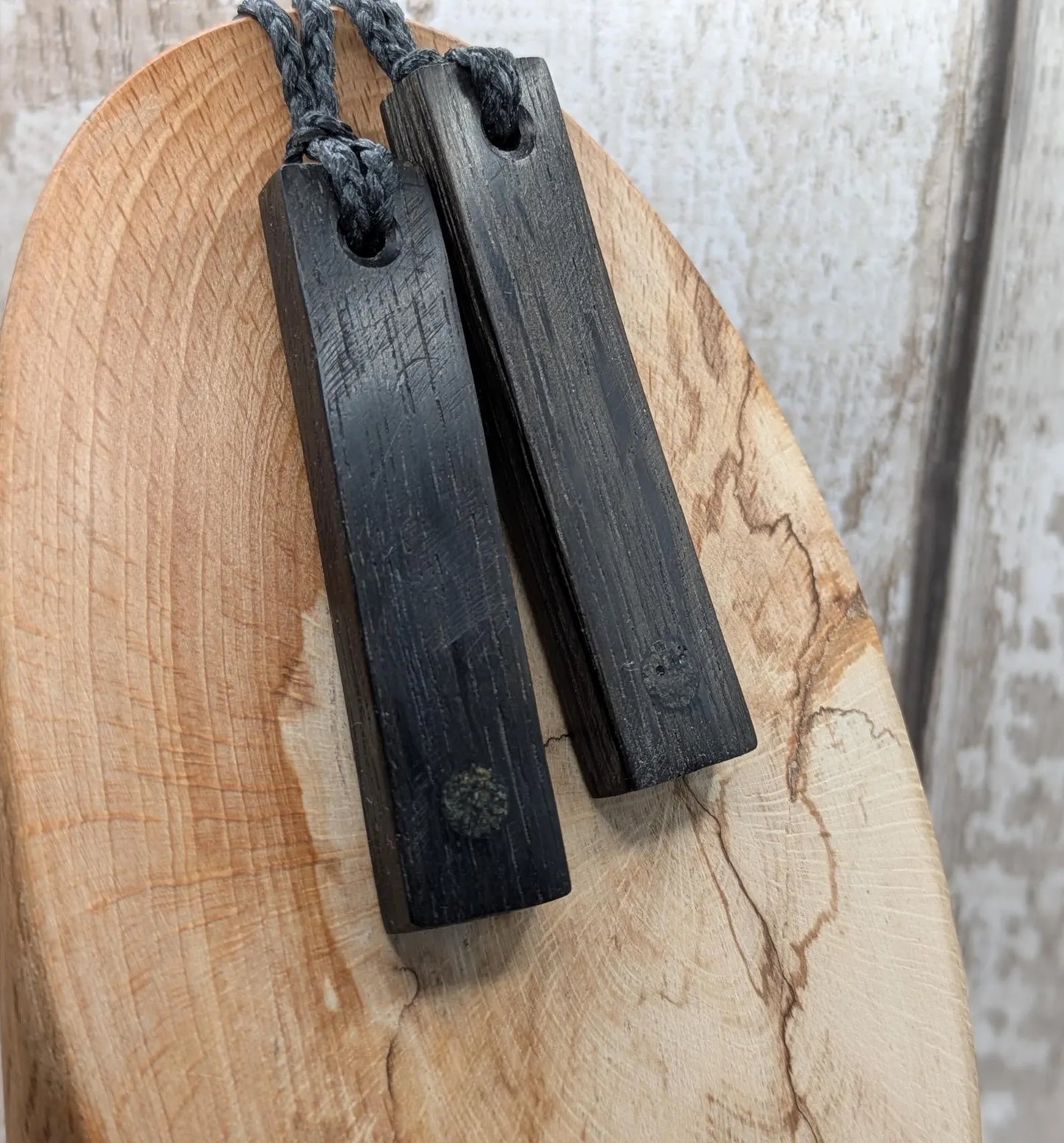 Fenland bog oak rectangular pendant - with preseli BluestonedAncient British Wood Necklace, Nature Jewellery.