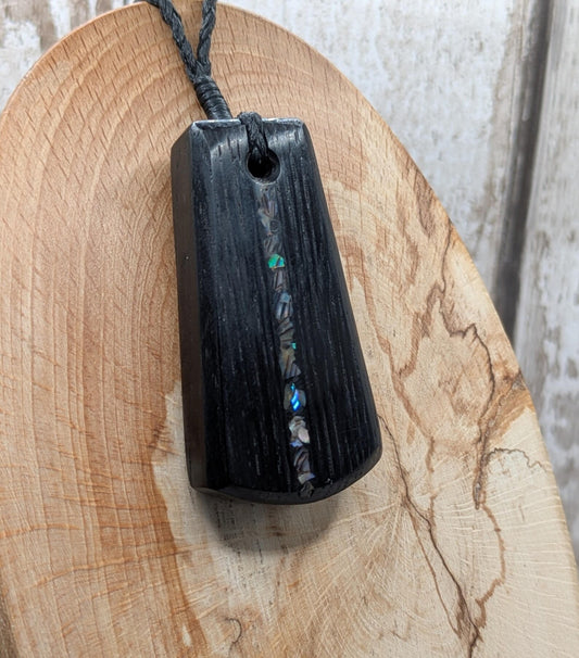 Fenland Bog Oak Trapezoid Pendant with Rainbow Pāua Shell Inlay – Ancient Wood & Ocean Shell Talisman