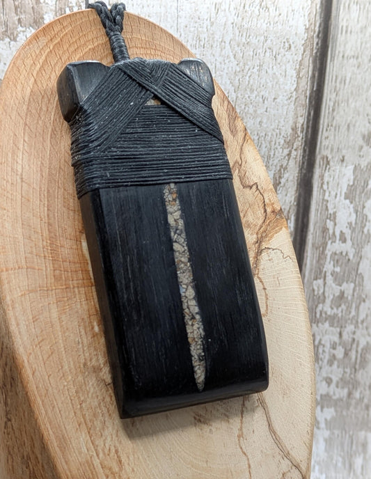 Fenland Bog Oak Hei Toki Adze Pendant with Avebury Sarsen Inlay – Ancient British Wood & Stone Statement Talisman