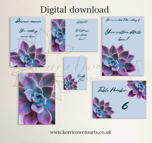 Cosmic coloured succulent wedding/party stationary pack, digital download.
